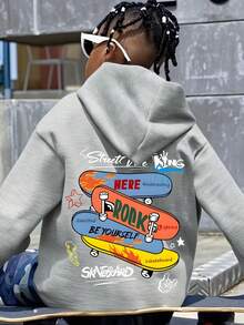 青少年男童休闲简约滑板图案运动风卫衣，长袖连帽卫衣，秋冬季学生男童服装