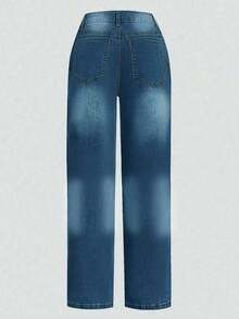 Women's Casual Loose Straight Leg Jeans, Paired With Multiple Button Decorations, Suitable For All Seasons, Including Daily Outings, Back To School Season, Back To School Season, And Rural Concerts - Dark Wash - View 2