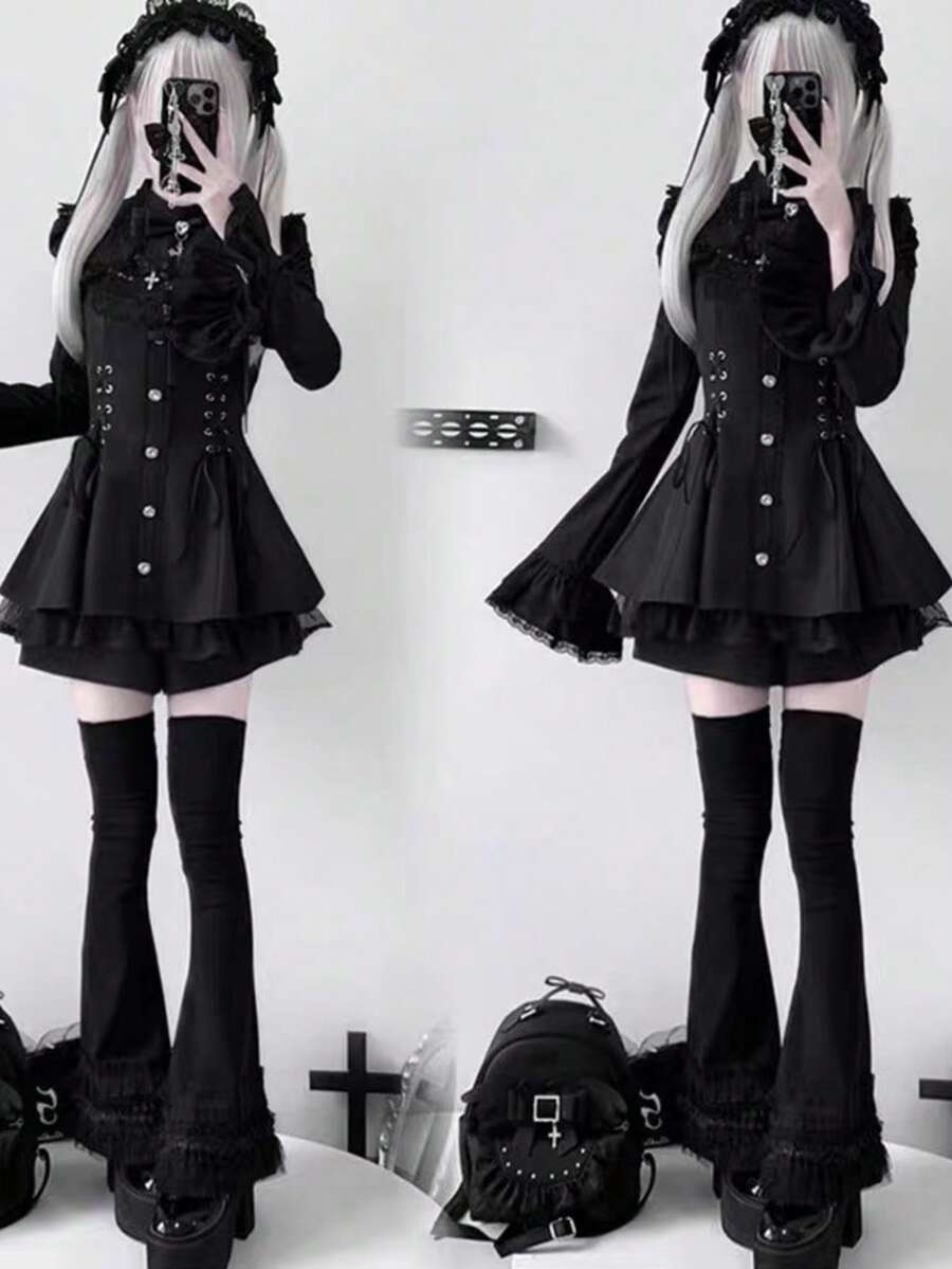 Women Short Dresses - Dark Lace Dress Set - View 1