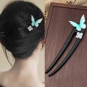 1pc Elegant Blue Butterfly Hair Clip, Wooden Hair Stick Hairpin, Suitable For All Seasons, Traditional Chinese Style Hair Accessory For Women ,Hair Accessories ,Hair Accessories,Hair Pins, Bun Extension, Hair Bun Maker, Bun Hair Piece, Hair Styling Pins, School Stuff