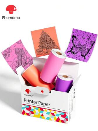  Phomemo Hot Pink/Purple/Orange Self-Adhesive Thermal Paper, Glossy Printable Sticker Paper Label For Phomemo T02/M02X/M02L/Y02C/Q02/M02/M02 Pro/M02S/M03/M04S Mini Sticker Printer, 50mm X 3.5m Per Roll, Diameter 28mm, 3-Rolls, The Entire Continuous Paper Per Roll, Image Time 20 Years