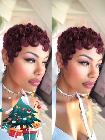 Lockig kort peruk med äkta hår för , pixie-frisyr, peruk för kvinnor, pixie-peruk med äkta hår för kvinnor, utan spets fram, maskintillverkad, 99J vinröd kort peruk för , pixie-frisyr med lager och lugg, äkta hår för jul, daglig användning