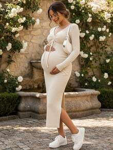 孕妇罗纹针织 V 领褶饰抽绳开衩中长修身连衣裙，长袖，休闲风格，中等弹力