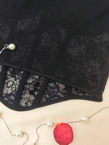 EZNV 1pc Lace Patchwork Fishbone Cute Corset Top, Waist Cincher Bustier - Black - View 6
