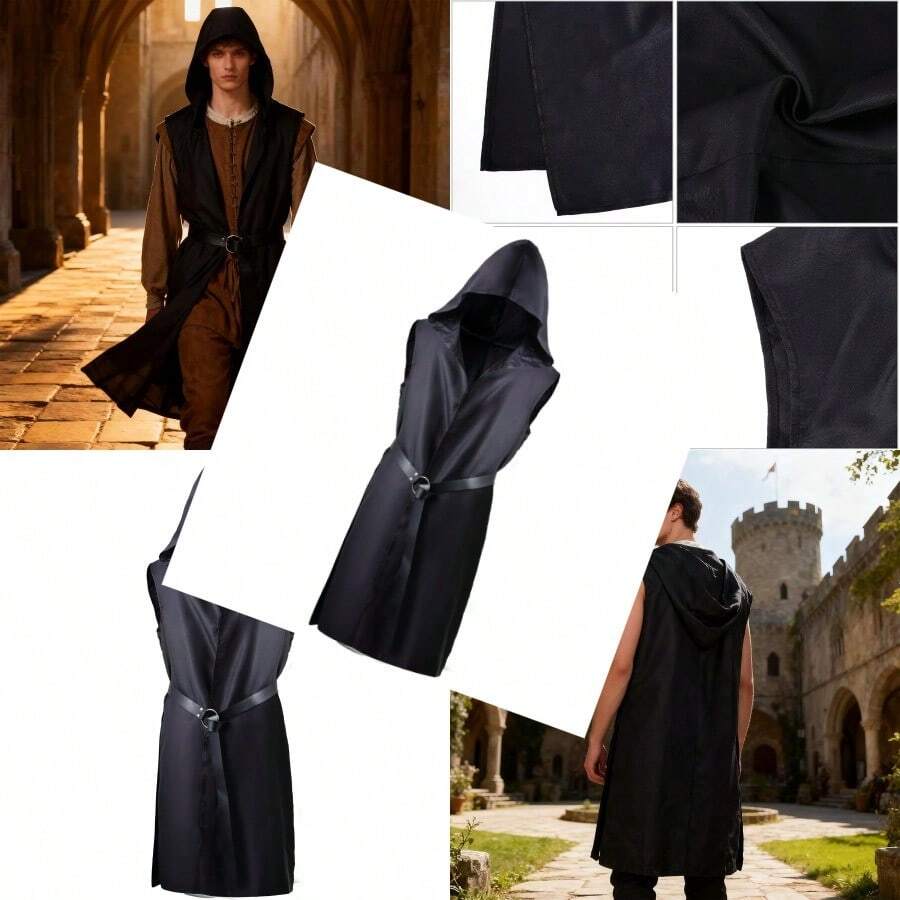Renaissance Costume Holloween Cloak With Belt Set Halloween Costume For Men Sleeveless Hooded Cape Pirate Cosplay - Bé nhỏ - Xem 1