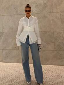 Camisa de Manga Longa Solta e Irregular, Top com Amarração Frontal Falsa em Camadas, Adequada para Trabalho, Negócios, Uso Casual, Top Branca de Manga Longa Elegante com Botão e Gola Clássica de Top, Bainha Assimétrica e Detalhe Anodado, Top de Manga Longa Branca de Poliéster, Camiseta Interna