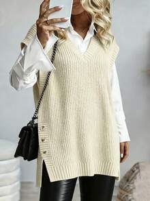Plus Size Women Loose Fit V-Neck Sleeveless Pullover Sweater Vest