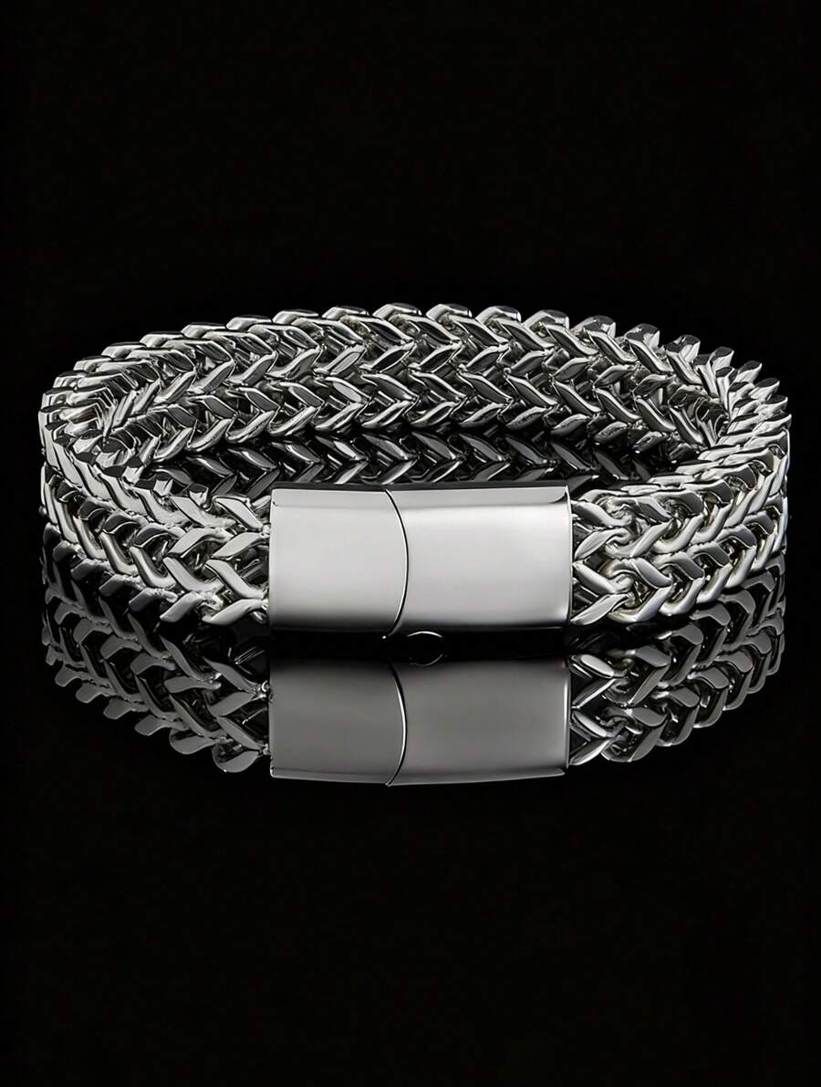 1pc Men's Stainless Steel Braided Double Row Front And Rear Fish Scale Alloy Magnetic Buckle Bracelet With Keel Jewelry New Model - 銀色 - 查看 1