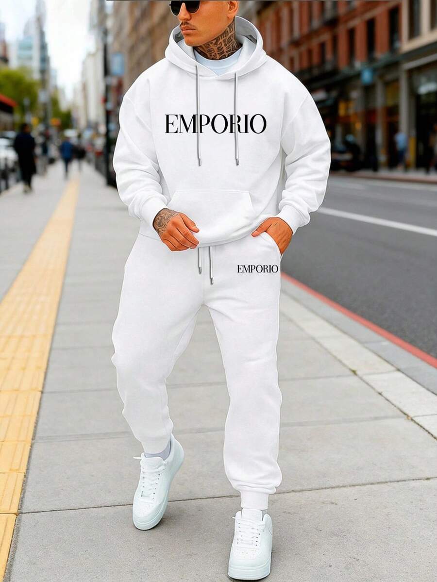 2pcs/Set Men Casual Minimalist Versatile Sports Style Letter Print White Pullover Sweatshirt Sweatshirt And White Jogger Pants Set - Black - View 1