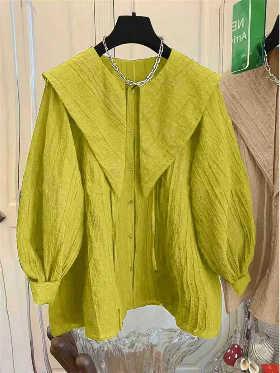 黑色褶裥长袖衬衫，纽扣前襟，抽绳设计 - 涤纶面料，可机洗，水手领，时尚女式衬衫，适合所有季节，春季穿着 - 果綠 - 查看 1