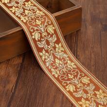 1/5 Yarda de cinta bordada jacquard vintage, base marrón con patrón floral dorado - Encaje de poliéster, adecuado para coser, manualidades y decoración de cortinas, encaje de costura - Multicolor - Ver 3
