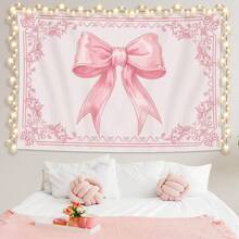 Pink Tapestry Coquette Pink Aesthetic Bedroom Hanging Wall Art Preppy Tapestry Decor Kit Cute Room Decoration For Women Girls Room Dorm Apartment(Bow) - Black - View 1