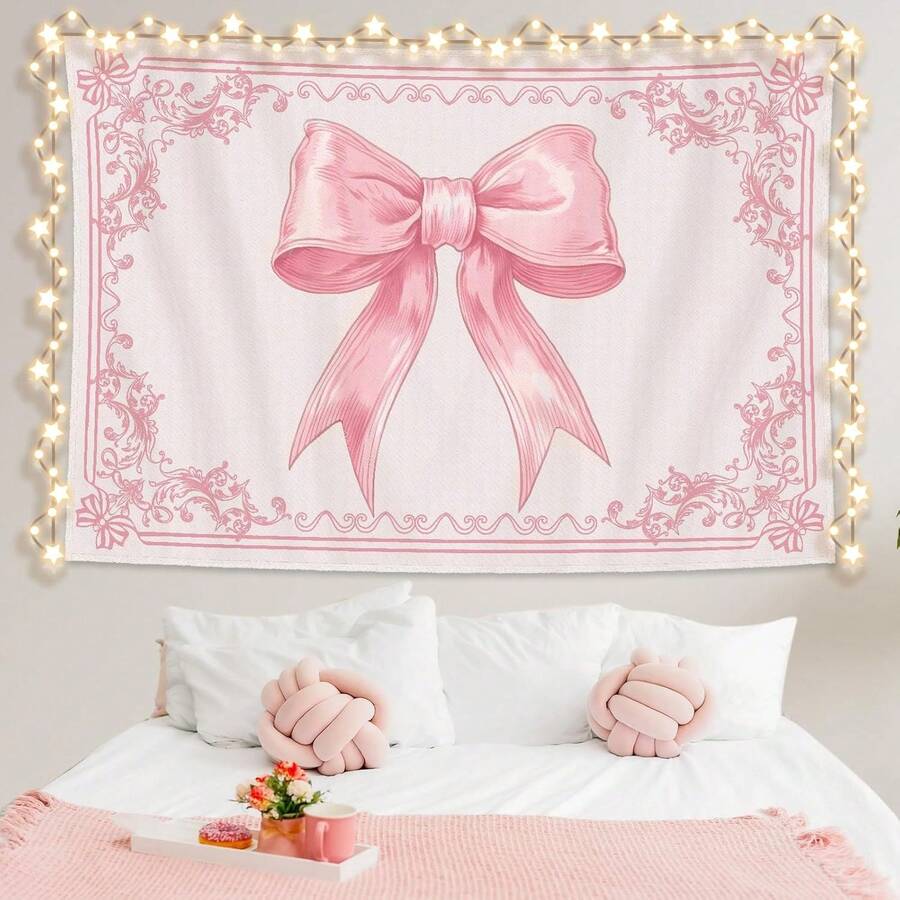 Pink Tapestry Coquette Pink Aesthetic Bedroom Hanging Wall Art Preppy Tapestry Decor Kit Cute Room Decoration For Women Girls Room Dorm Apartment(Bow) - Black - View 1
