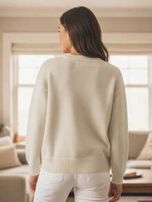 Women's Loose Fit Lightweight Sweater Fashionable Abstract Fish Print Long Sleeve Round Neck Knit Tops - 米色 - 查看 2