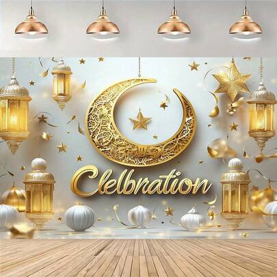 2D平面，1件装开斋节金色新月装饰背景布，涤纶材质，用途广泛，适用于生日、婚礼、新年、周年纪念、迎婴派对、情人节、开斋节、摄影道具等场合。