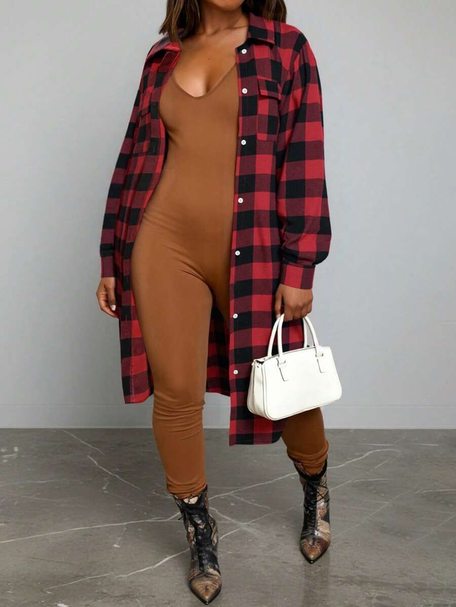 Roupas de Primavera/Verão Plus Size para Mulheres, Vestido-Camisa Xadrez de Manga Longa com Bolso e Gola de Botão Plus Size para Mulheres, Jaqueta Estilo Camisa de Manga Longa Vermelha para Mulheres - Vermelho - Visão 1