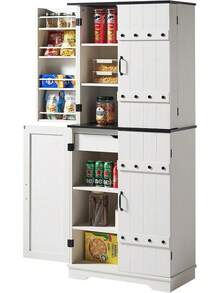 72" Farmhouse Kitchen Pantry In Antique White, Wooden Cupboard With Drawer And Adjustable Shelves, Tall Organizer Storage Cabinet For Kitchen Or Dining Room - 古董白 - 查看 9