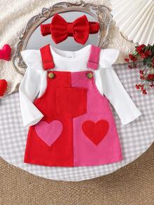 2pcs Baby Girls Cute Minimalist White Long Sleeve Bodysuit + Bib Dress Set, Autumn/Winter - White - View 1