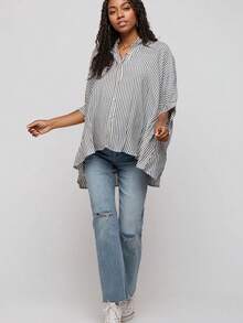 孕妇时尚翻领条纹涤纶衬衫，七分喇叭袖，前襟纽扣设计 - 黑白條 - 查看 4