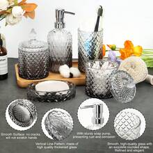 5-Piece Diamond-Cut Glass Bathroom Accessories Set, Rust-Proof Toothbrush Holder & Soap Dispenser, Tumbler & Cotton Jar, Modern Crystal Bathroom Decor - Back To School Gift For Dorm, Housewarming Gift - 彩色 - 查看 4