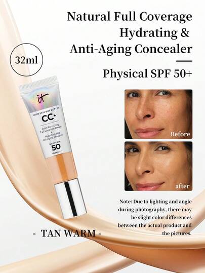  IT Cosmetics 焕肤CC霜，SPF 50+，暖棕色，32毫升/1.08盎司 | 集粉底和护肤于一体 | SPF 50+广谱防晒，有效抵御紫外线伤害 | 蕴含保湿成分，包括透明质酸、抗氧化剂和肽，令肌肤健康透亮