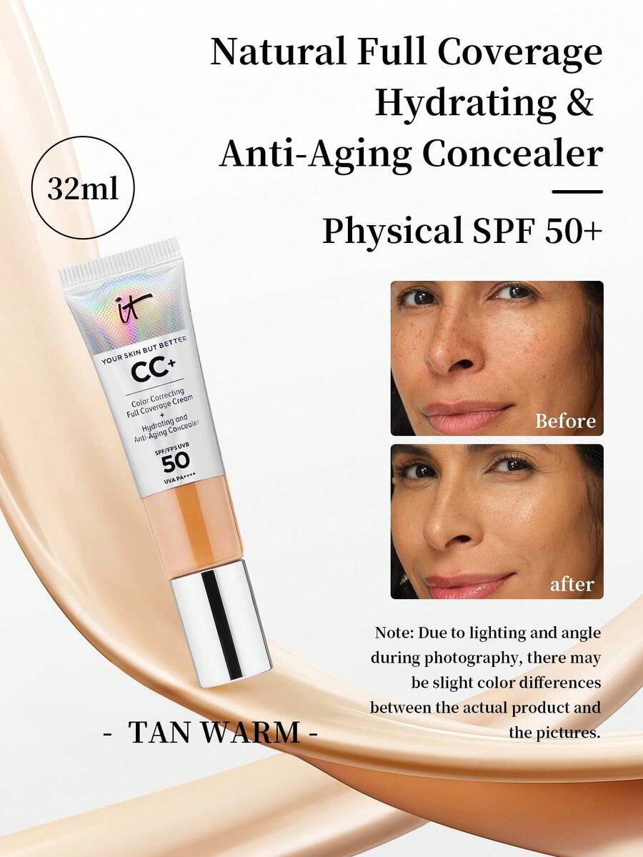 IT Cosmetics 焕肤CC霜，SPF 50+，暖棕色，32毫升/1.08盎司 | 集粉底和护肤于一体 | SPF 50+广谱防晒，有效抵御紫外线伤害 | 蕴含保湿成分，包括透明质酸、抗氧化剂和肽，令肌肤健康透亮