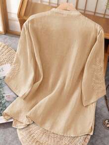 大码休闲宽松刺绣细节女式上衣，春夏 - 杏色 - 查看 2