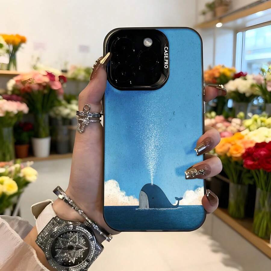 Cubierta de teléfono con diseño de ballena azul cielo nubes y salpicadura de agua para iPhone estilo elegante y artístico ideal para amantes de la naturaleza y el arte moderno Aplicable a los teléfonos de la serie Apple y Galaxy - Negro - Ver 1