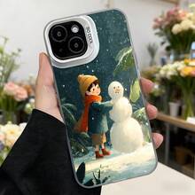 Cubierta de telefono con diseño de invierno azul oscuro con niño haciendo muñeco de nieve y texto CASENO para uso diario en temporada fría Aplicable a los teléfonos de la serie Apple y Galaxy - Blanco - Ver 7