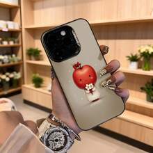 Cubierta de teléfono con diseño de manzana kawaii color beige con estampado de fruta sonriente y flores para uso diario en floristerías y eventos románticos Aplicable a los teléfonos de la serie Apple y Galaxy - Negro - Ver 4