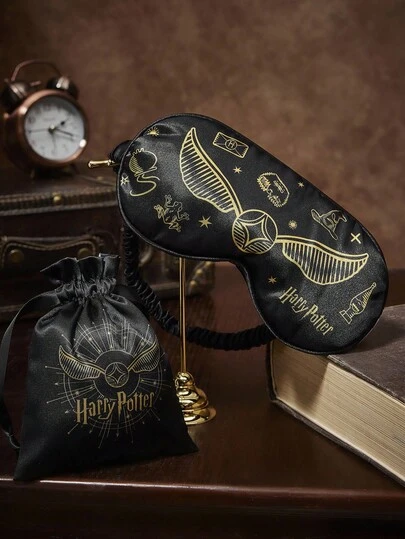 HARRY POTTER X SHEIN 1 pieza Máscara para los ojos de seda con estampado de la Snitch Dorada, máscara para los ojos opaca, tela cómoda, estampado elegante, unisex, máscara para los ojos negra