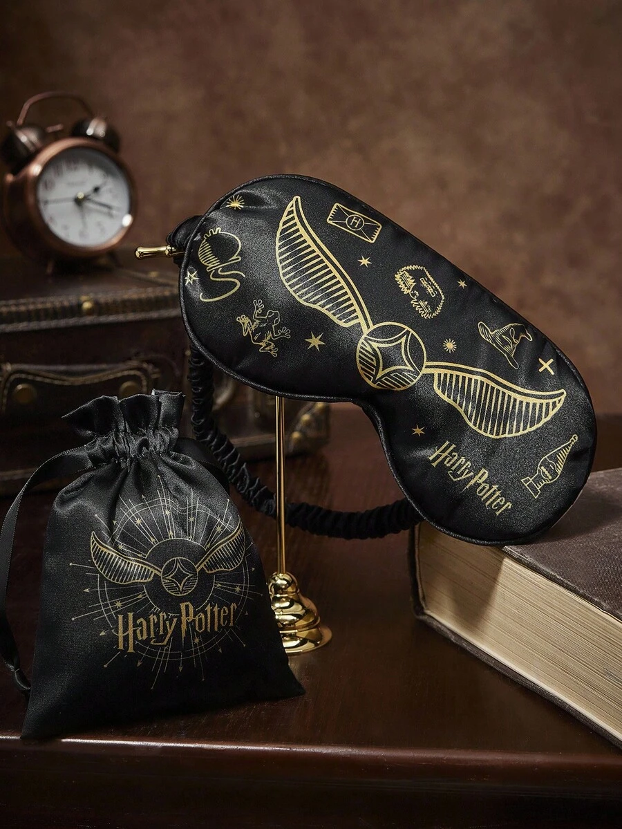 HARRY POTTER X SHEIN 1pc Golden Snitch Pattern Silk-Like Eye Mask, Blackout Eye Mask, Comfortable Fabric, Elegant Print, Unisex, Black Eye Mask - Black - View 1
