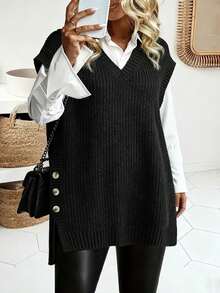 Gilet tricoté ample et confortable à col V pour femmes grandes tailles - Noir - Voir 5