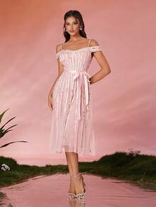 Mgiacy Women's Off‑Shoulder Mesh Ruched Evening Gown – Luxurious High‑End Formal Dress - Pink - View 6