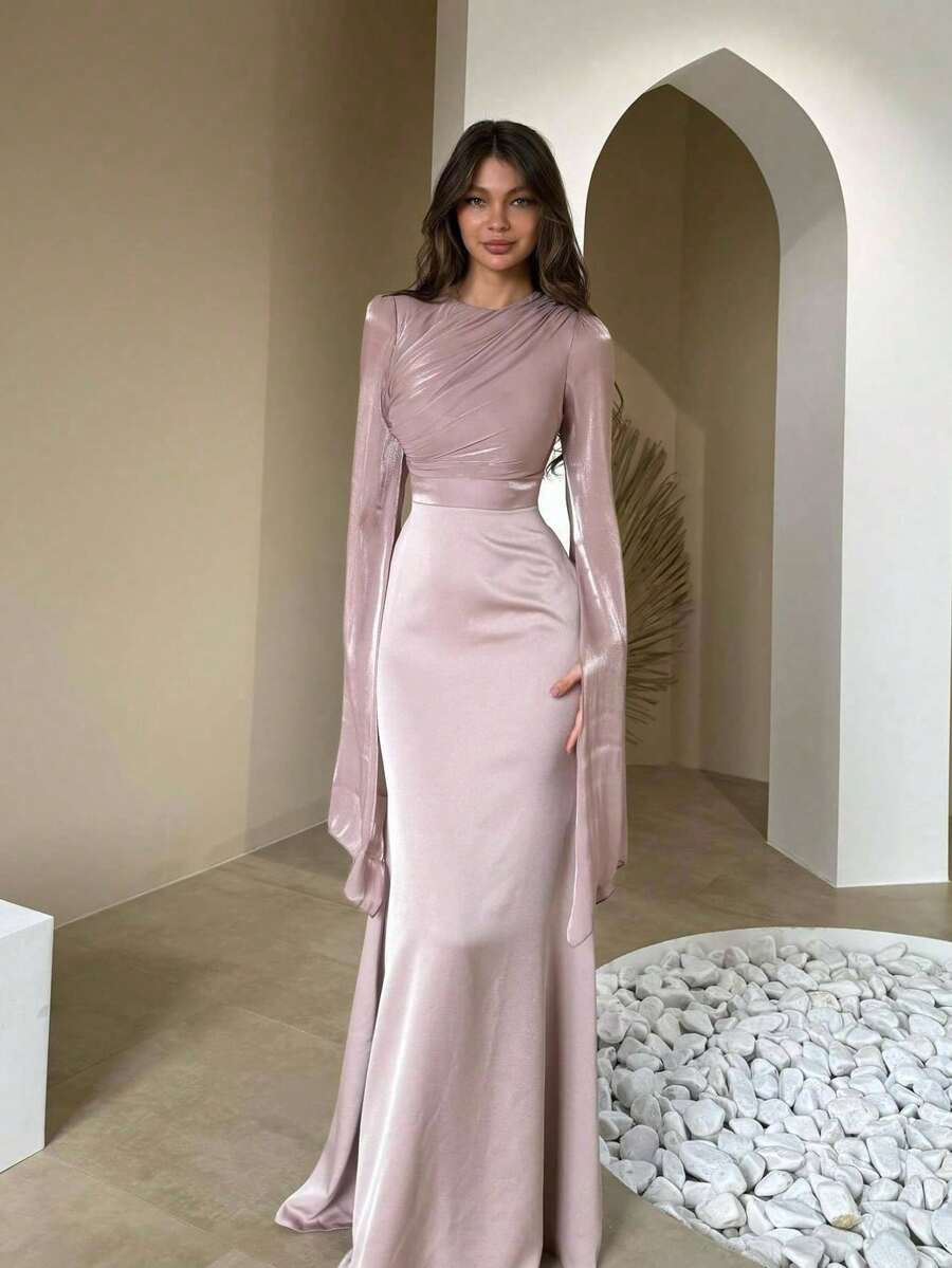 Women's Round-Neck Batwing Sleeve Evening Dress - Slim Fit Luxury Sexy Evening Dress For Women - 粉色 - 查看 1
