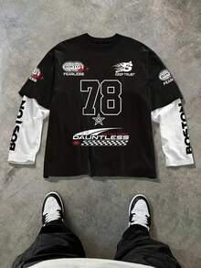 男士波士顿赛车主题二合一长袖T恤，78号印花，宽松拼接袖T恤，秋冬款 - 彩色 - 查看 1