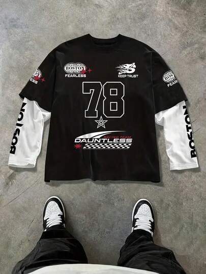 男士波士顿赛车主题二合一长袖T恤，78号印花，宽松拼接袖T恤，秋冬款