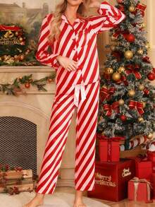 Women Striped Satin Pajama Set Y2k Silk Pajamas Button Down Shirts High Waist Pants 2 Piece Lounge Sets Matching Pjs - 紅色 - 查看 4