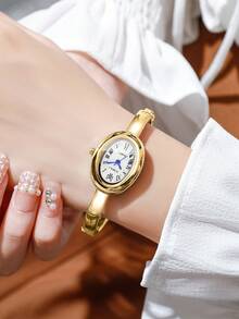 1件优雅奢华时尚椭圆形罗马数字表盘手链腕表，高品质石英女表（1件/套），不含表盒 - 金色 - 查看 2