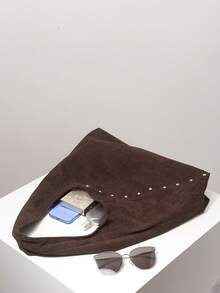 Large Capacity Vintage Suede Tote Bag, Shoulder Bag, Hobo Bag, Work Bag For Women, Business Casual, Rivet Decor, Simple Retro Style, Suitable For Daily Use, Commuting, Shopping, Going Out, School, Autumn & Winter