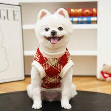 小型犬格子背心，猫狗保暖宠物服，适合室内外穿着，秋冬季 - 紅色 - 查看 7