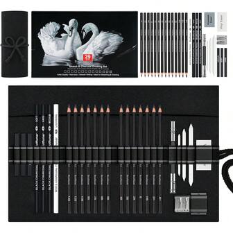 29 Juego de lápices de dibujo profesional, Lápices de dibujo Suministros de arte con 14 lápices de grafito (14B-4H), lápices de carboncillo, borradores, sacapuntas y estumps, Juego de dibujo para artistas adultos en estuche enrollable de lona