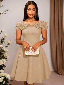 Women's Beige Jacquard Ruffle Off-Shoulder A-Line Dress, Elegant And Unique, Suitable For Wedding Guests And Cocktail Parties Spring Party - Khaki - View 2