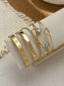 5 قطع مجموعة أساور سوار بشكل عملة قديمة بتصميم هندسي وعقدة، مزينة بكريستال اصطناعي، ملمس أنيق، متعدد الاستخدامات للشارع والاستخدام اليومي في فصلي الخريف والشتاء