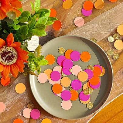 Set van 100 stuks roze en oranje glitter gouden stippen tafelconfetti - Geschikt voor verjaardagsfeestjes, vrijgezellenfeesten, huwelijksgeschenken, decoratie met stippen, tafeldecoratie