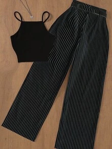 Conjunto de chaleco y pantalones a rayas casuales para mujer, adecuado para la oficina y el jardín, primavera/verano - Negro - Ver 2