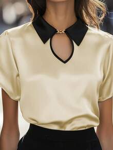 女士撞色缎面衬衫，镂空纽扣设计，优雅时尚，适合办公室、度假、日常穿着、约会、节日、夏季等场合。 - 香檳色 - 查看 3