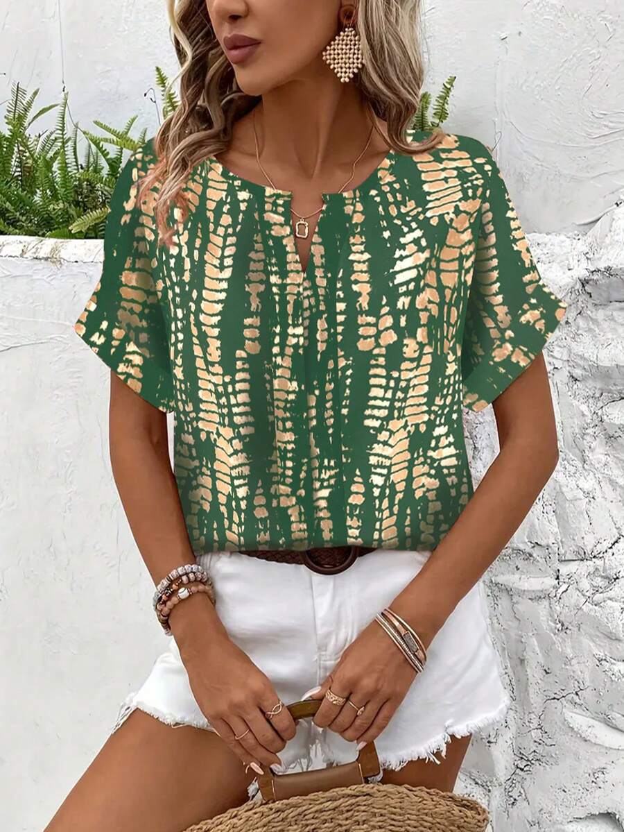 Women's Summer Casual V-Neck Short Sleeve Allover Print Shirt, American Vintage Texture Print Shirt, Vacation Style Flattering Versatile Design - Dark Green - View 1