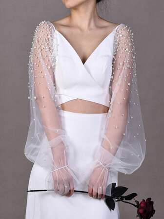 1 par vita, skira ärmar i pärlkonst för brud, lämpliga för bröllop, fester och vardagskläder för kvinnor