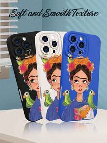 1 pieza Funda de teléfono con diseño de FridaKahlo con flores y loros, estilo artístico mexicano ideal para celebraciones festivas, moda urbana creativa, protección elevada para lente con diseño de ojo, resistente a golpes, compatible con iPhone17 ProMax/16/15/14/13/12/11/Plus/Pro/ProMax, compatible con Galaxy A34/A35/A54/A55, Galaxy S20/S21/S22/S23/S24/S25 Ultra/Plus, compatible con Galaxy/Redmi/Honor/OPPO/ViVo - Negro - Ver 7